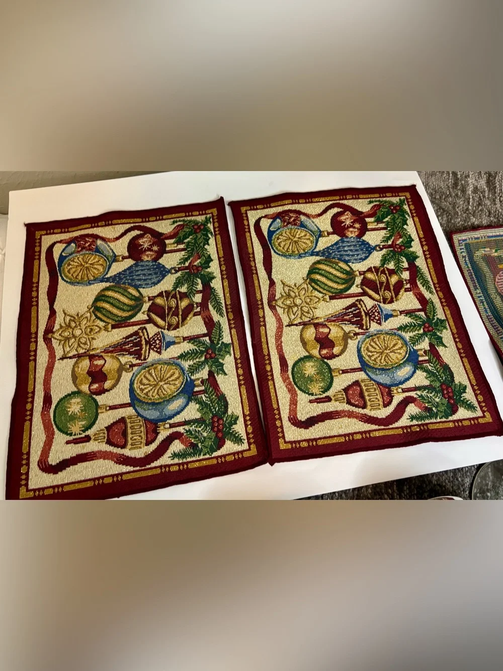 Vintage Christmas placemats ornaments- Red, Gold, Green, Blue